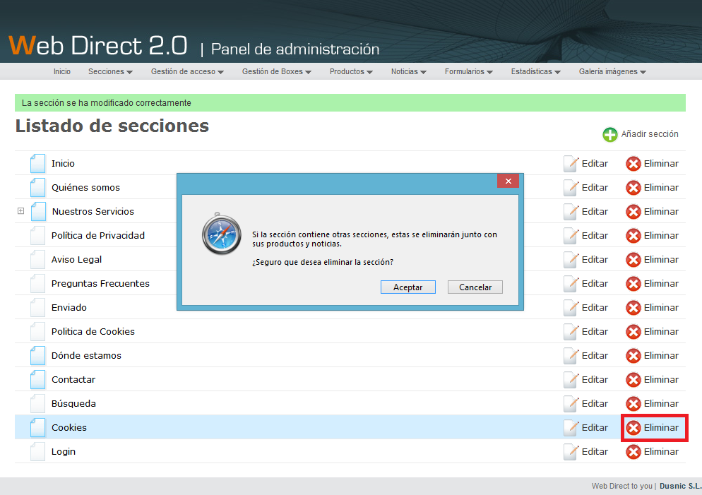 Eliminar sección