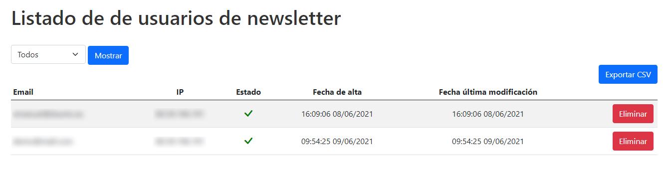 Listado Newsletter