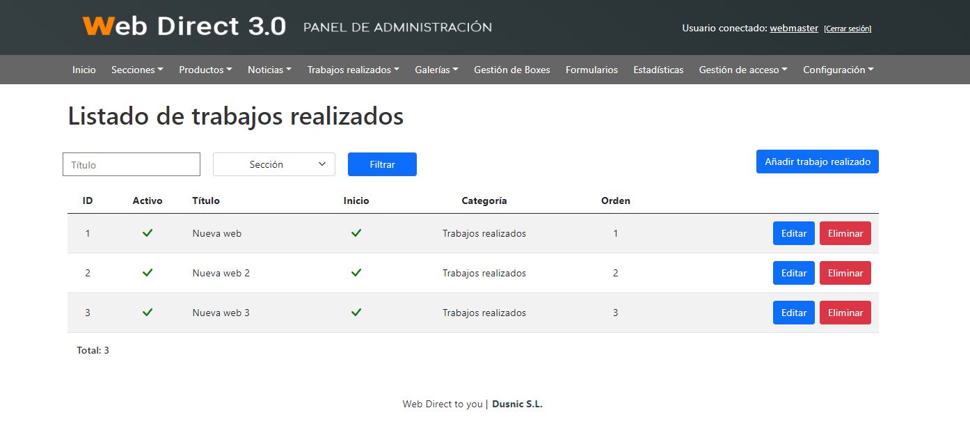Listado de trabajos realizados